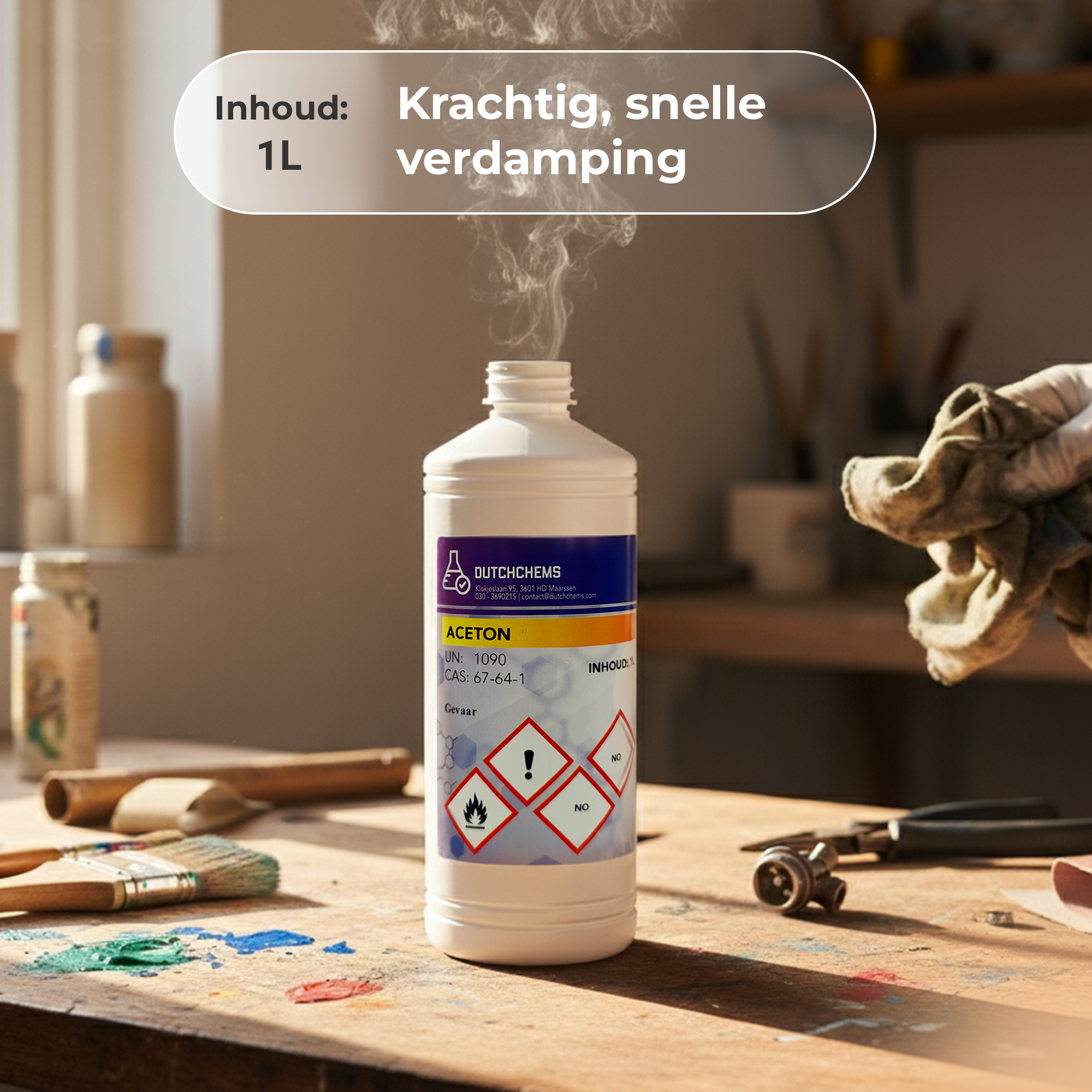 Acetone 1 liter in work area with cloth and tools