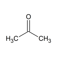 Molecular structure of acetone (C3H6O) with a central carbon atom, double bonded to an oxygen atom and single bonded to two methyl groups (CH3).