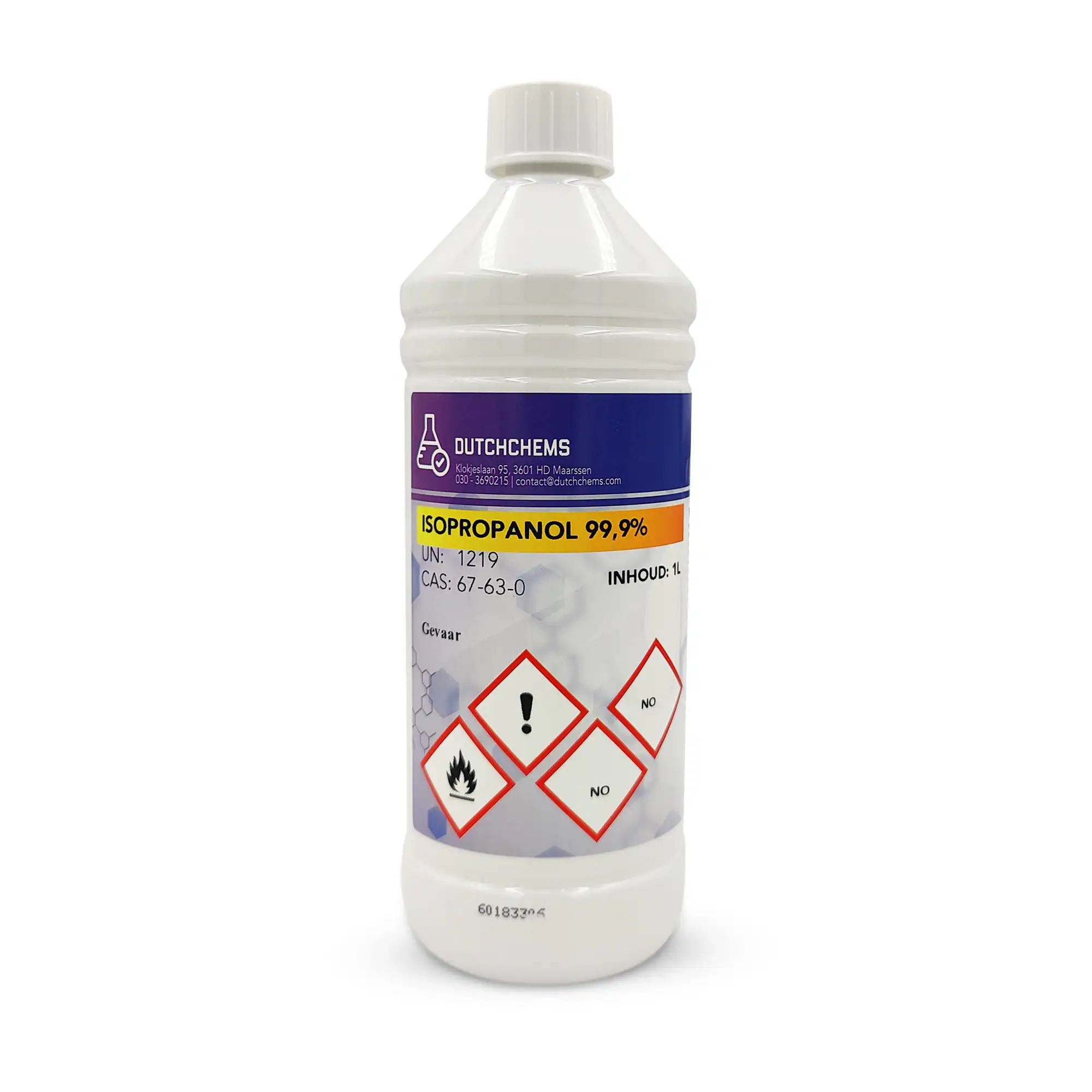 Isopropanol kopen 99,9% in doorzichtige fles met isopropyl alcohol label