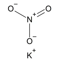Illustration of the molecular formula of potassium nitrate, KNO₃, consisting of a potassium atom (K) bonded to a nitrate group (NO₃).