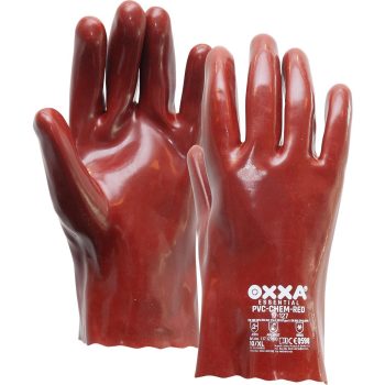 Red chemical-resistant PVC gloves in various lengths