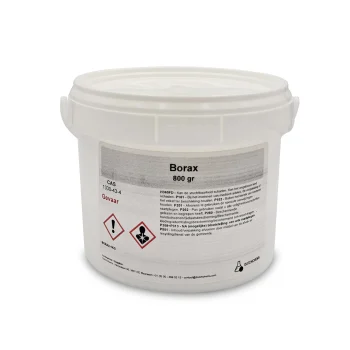 Bucket with 800 grams of Borax, provided with warning labels and safety information.