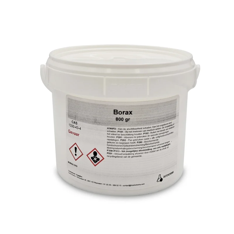 Bucket with 800 grams of Borax, provided with warning labels and safety information.