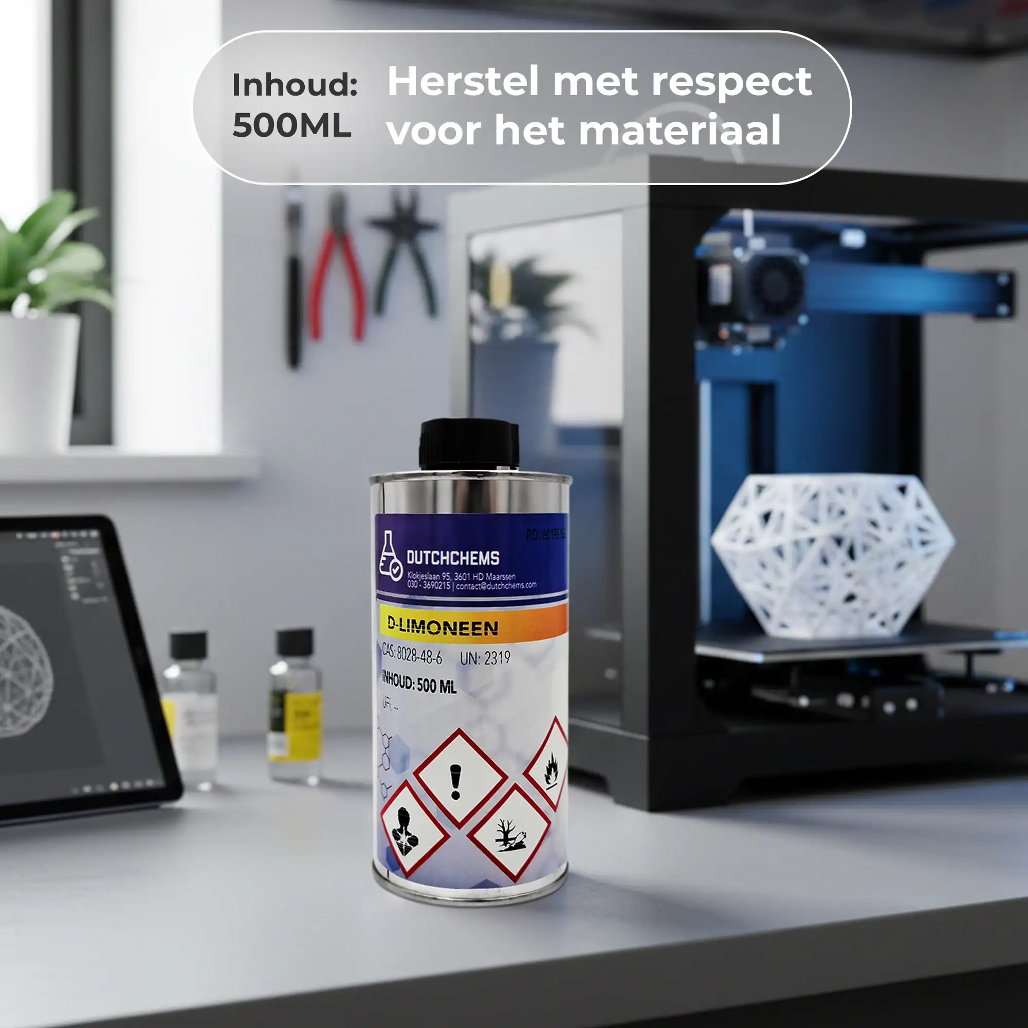 D-Limonene 500 ml can on workbench next to 3D printer in workshop
