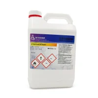 Witte 5 liter jerrycan met etikettering “Ethylacetaat UN 1173 CAS 141-78-6”, gevarensymbolen GHS02 (brandbaar) en GHS07 (irritatie/narcose)