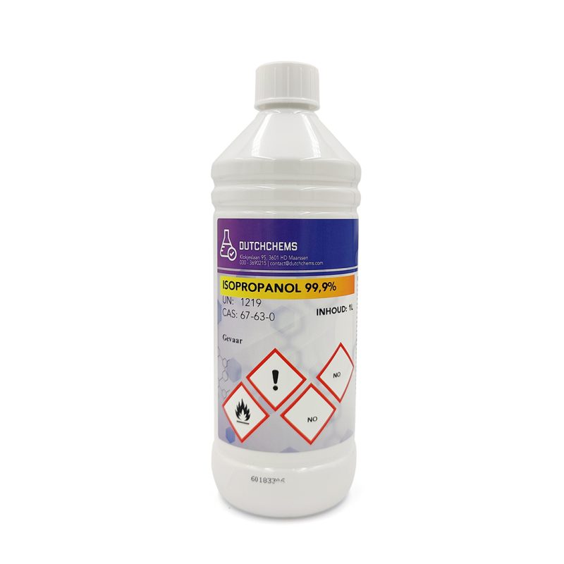 Clear bottle containing isopropanol alcohol, label states 99.9% purity