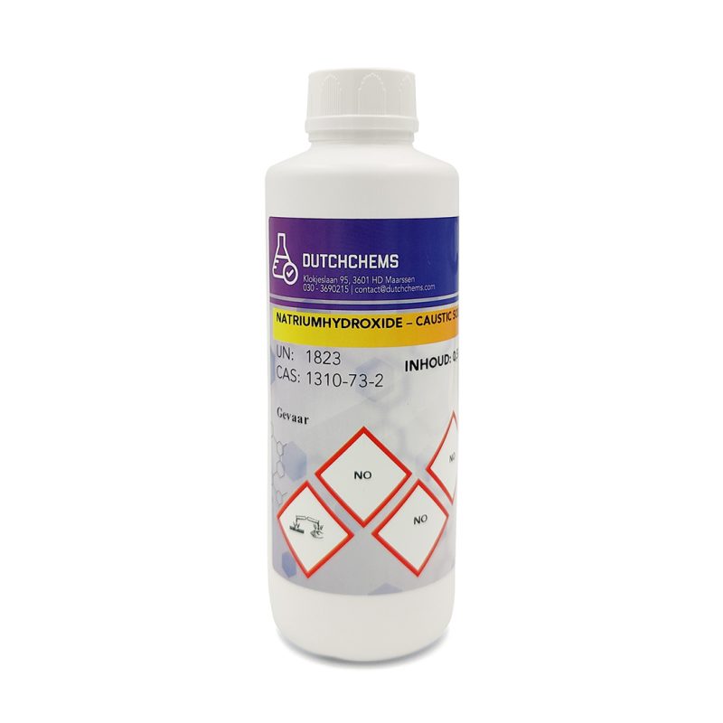 White plastic bottle with sodium hydroxide granules