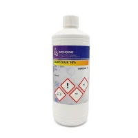 Plastic bottle containing 1 liter of 30% hydrochloric acid solution and safety information on the label.
