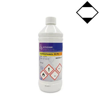 Plastic bottle containing 1 liter of 30% hydrochloric acid solution and safety information on the label.
