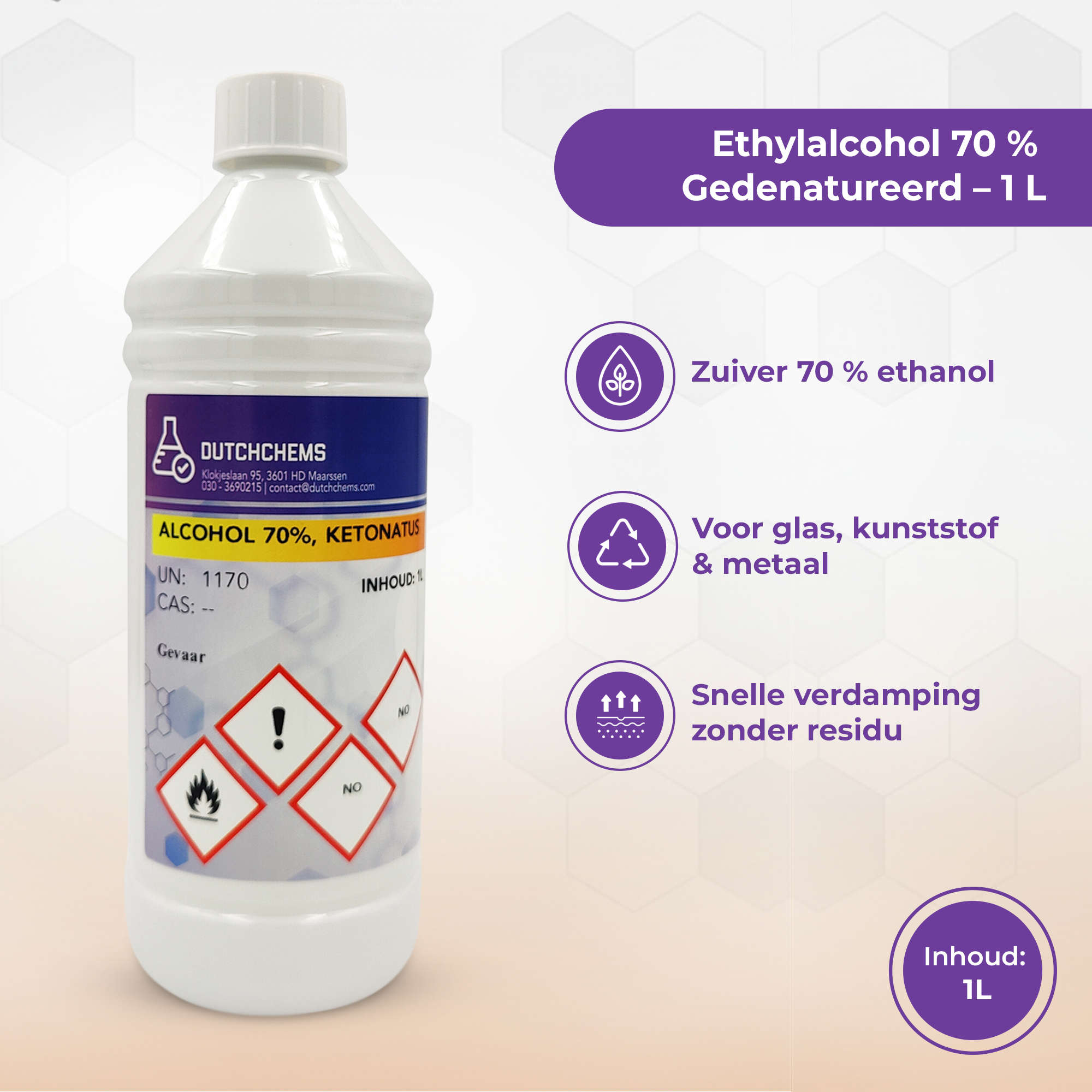 DutchChems Alcohol 70% infographic with product benefits.