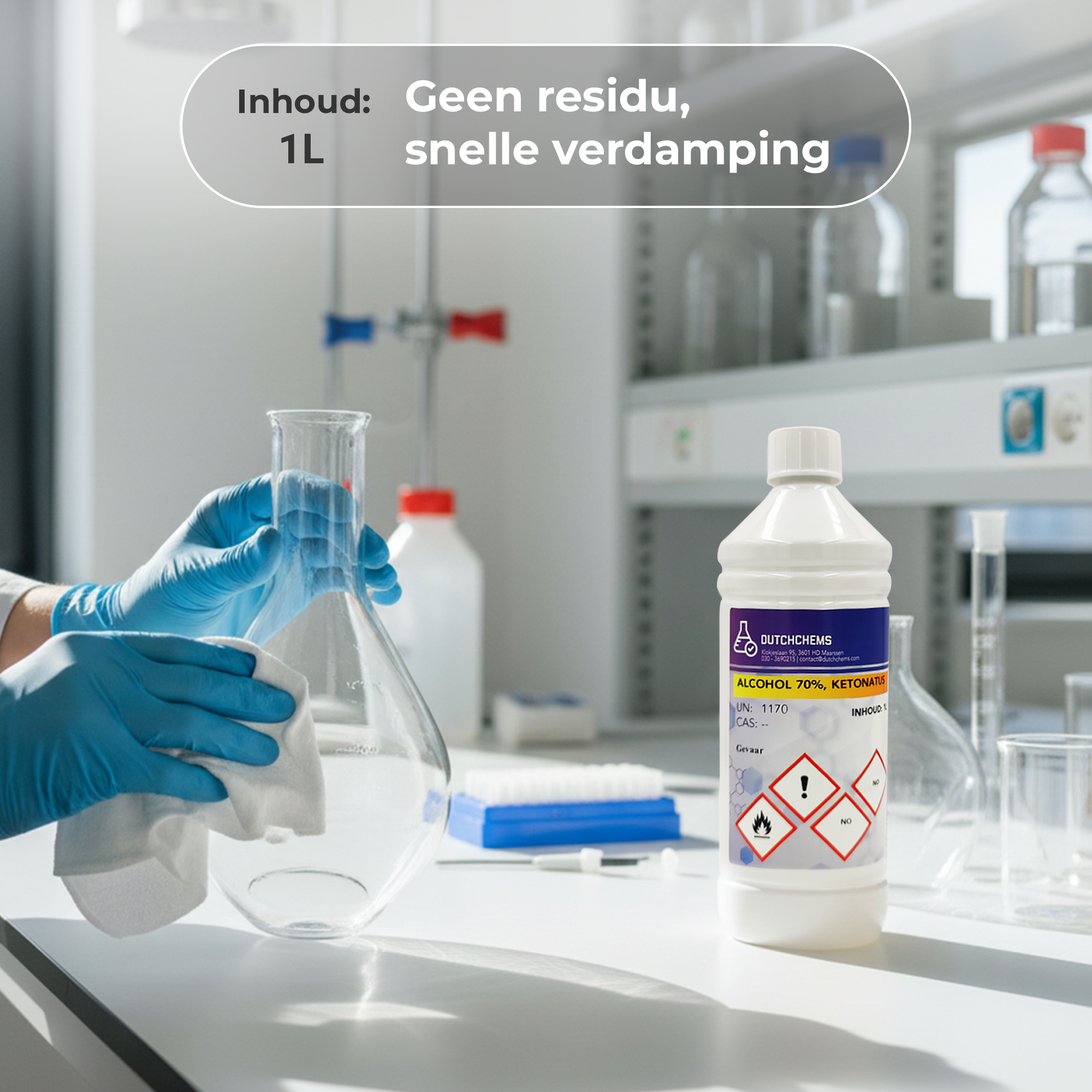 Laboratory application of DutchChems 70% alcohol 1 liter bottle.