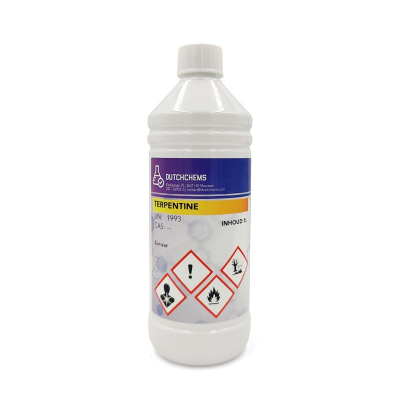 Plastic bottle with 'TERPENTINE' label and safety pictograms for flammability, health damage and environmental hazards.