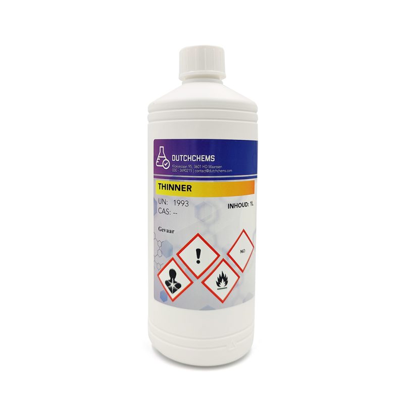 A white plastic bottle with label, labeled "Thinner"