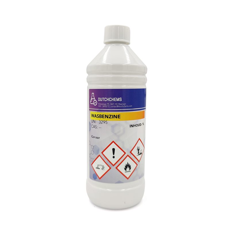 Plastic bottle from DutchChems with the text 'WASHING GASOLINE', provided with safety symbols for flammability and health warnings.