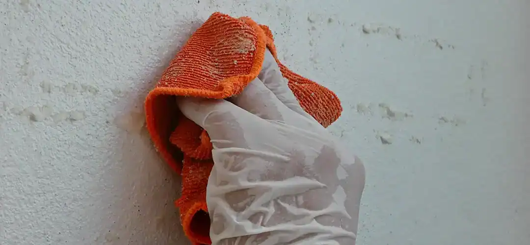 Een hand met een plastic handschoen gebruikt een oranje doek om lijmresten van een wit muuroppervlak te verwijderen.