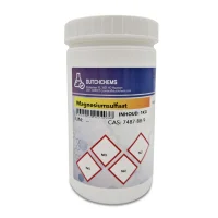 Jar with 1 kg of magnesium sulphate from DutchChems. CAS number: 7487-88-9