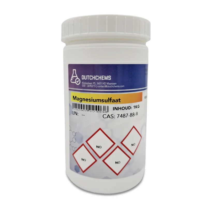 Jar with 1 kg of magnesium sulphate from DutchChems. CAS number: 7487-88-9
