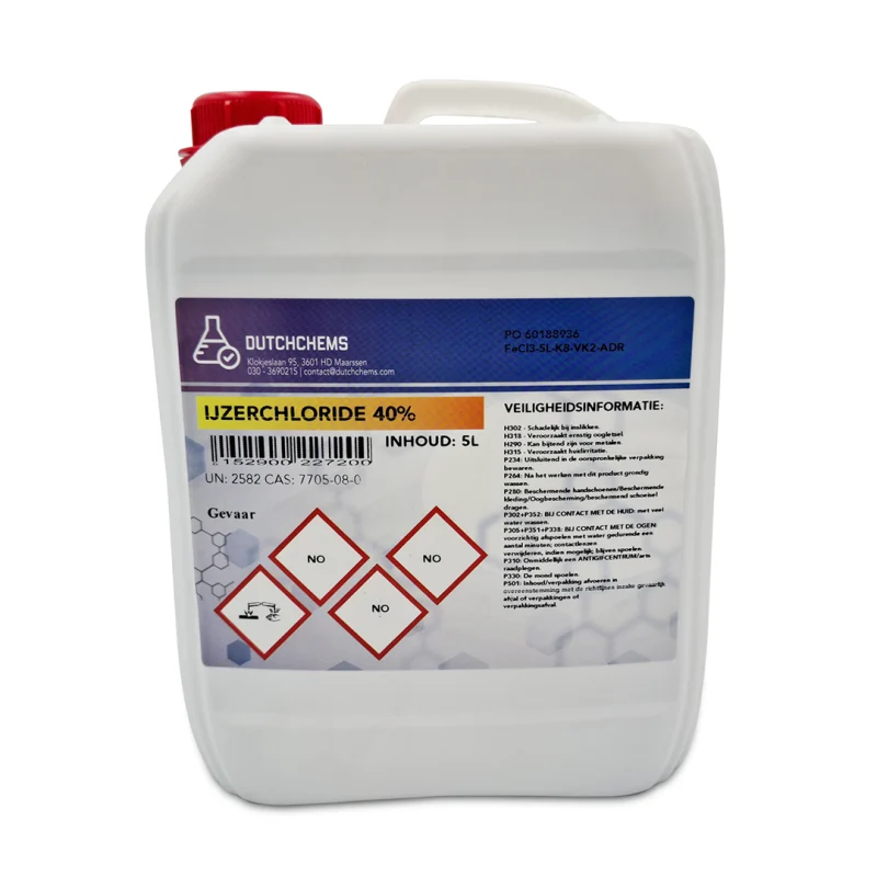 White 5-liter jerrycan from DutchChems, containing Iron Chloride 40% (FeCl₃).