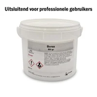 Emmer met 800 gram Borax, voorzien van waarschuwingsetiketten en veiligheidsinformatie.