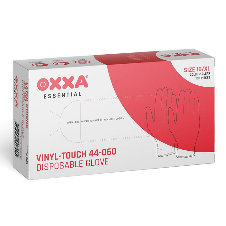 Doos OXXA Vinyl-Touch 44-060 vinyl wegwerphandschoenen, licht gepoederd en latexvrij, transparant – 100 stuks.