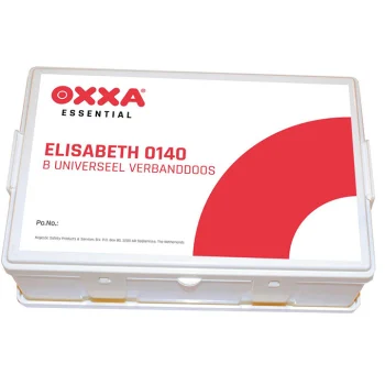 OXXA Elisabeth 0140 B EHBO/verbanddoos met wandhouder – witte koffer met rood label, 26×17×8 cm.