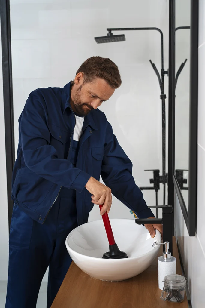 Plumber uses a plunger to unclog a clogged sink.