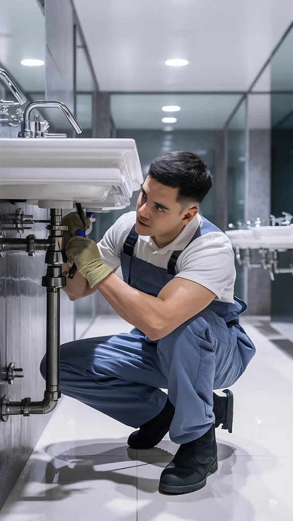 Man dismantling siphon in bathroom