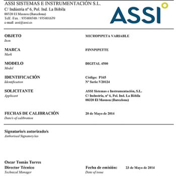 ENAC Certificate for Variable Micropipettes