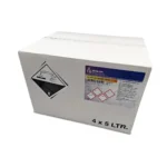 White shipping box from DutchChems with four 5-liter jerry cans, containing Ferric Chloride 40% (FeCl₃).