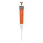 Precision pipette for laboratory chemical dispensing, orange and gray design.