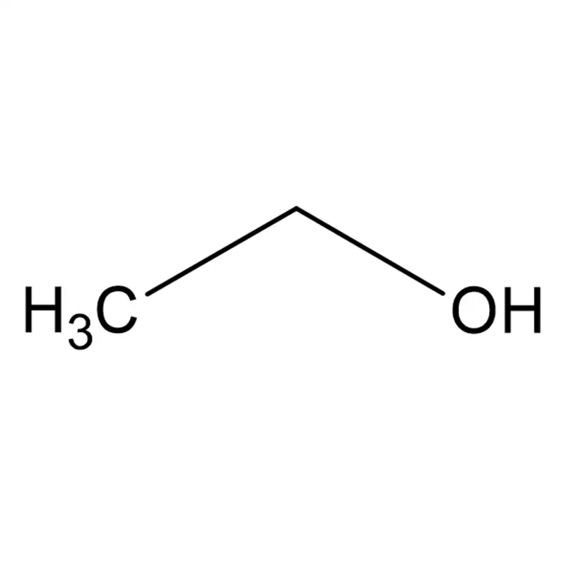 Molecular structure of ethanol, consisting of two carbon atoms, six hydrogen atoms and one oxygen atom.