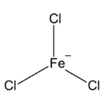 Structural formula of ferric chloride (FeCl₃), with a central iron (Fe) atom and three chlorine (Cl) atoms.