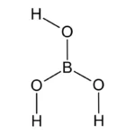 Molecular structure of boric acid powder, consisting of boron, oxygen and hydrogen atoms in a crystalline lattice pattern.