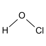 Molecular formula of HCl (hydrochloric acid) with one hydrogen atom (H) and one chlorine atom (Cl) connected by a single covalent bond.