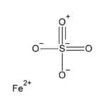 Schematic representation of the molecular structure of iron sulfate with an Fe²⁺ ion bonded to a sulfate ion (SO₄²⁻).