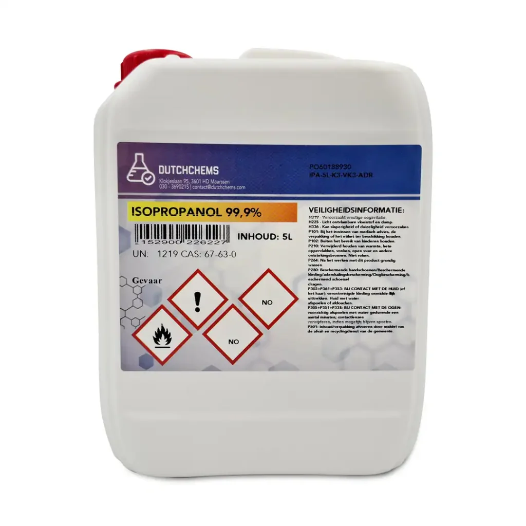 White 5 litre jerry can of DutchChems Isopropanol 99.9%