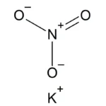 Illustration of the molecular formula of potassium nitrate, KNO₃, consisting of a potassium atom (K) bonded to a nitrate group (NO₃).
