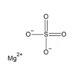 Molecular structure of magnesium sulfate (MgSO₄), with a central magnesium atom (Mg) bonded to a sulfur atom (S) and four oxygen atoms (O).