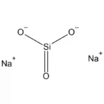 Molecular structure of sodium metasilicate with a central silicon atom with three oxide bridges and two Na⁺ ions.