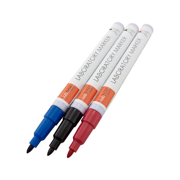 PLMB-KIT-003_3 Blue, black, and red laboratory markers for writing and labelling; ideal for professional lab use.