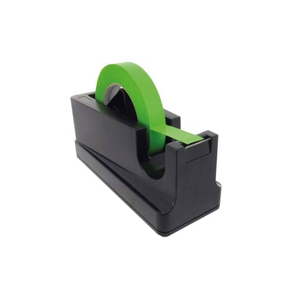 Bright green tape dispenser on white background, standard office supplies for organization.