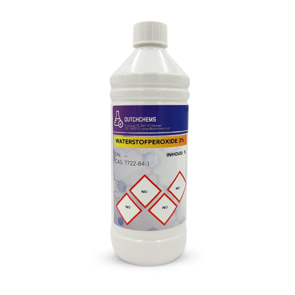 Plastic bottle containing a hydrogen peroxide 3% solution.