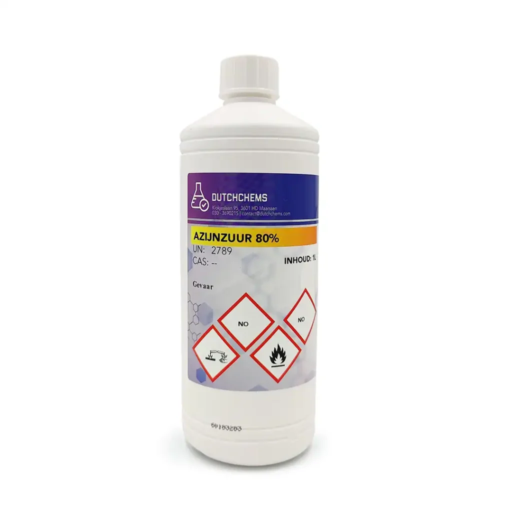 A 1-liter bottle of acetic acid 80%, marked with hazard symbols for corrosive substances.