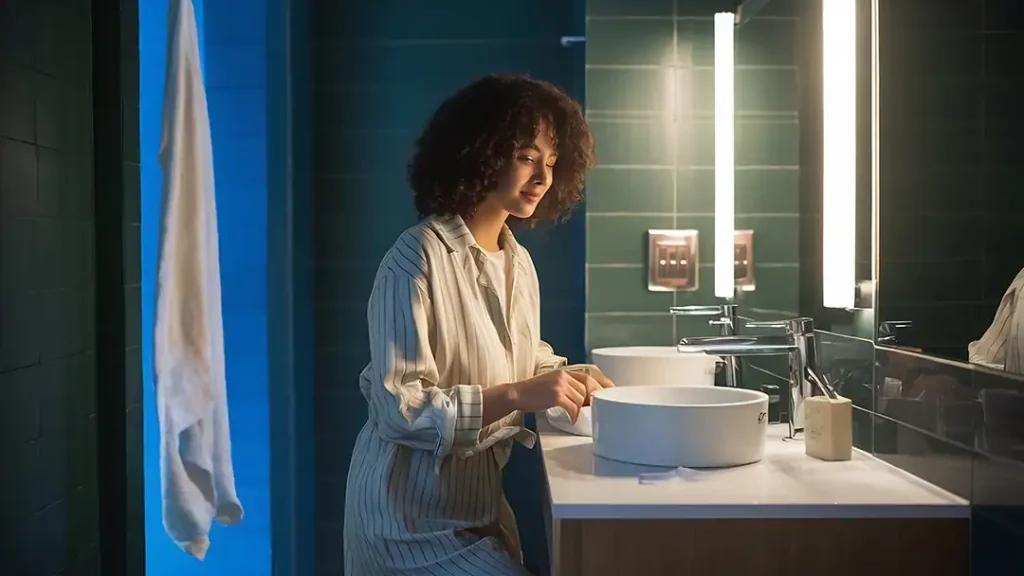 Woman standing in front of a clogged bathroom sink
