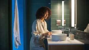 Woman standing in front of a clogged bathroom sink