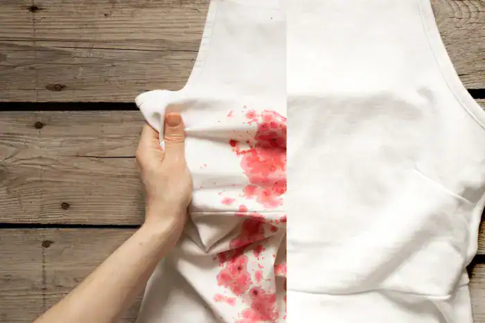 A white garment with blood stains on the left and a clean section on the right