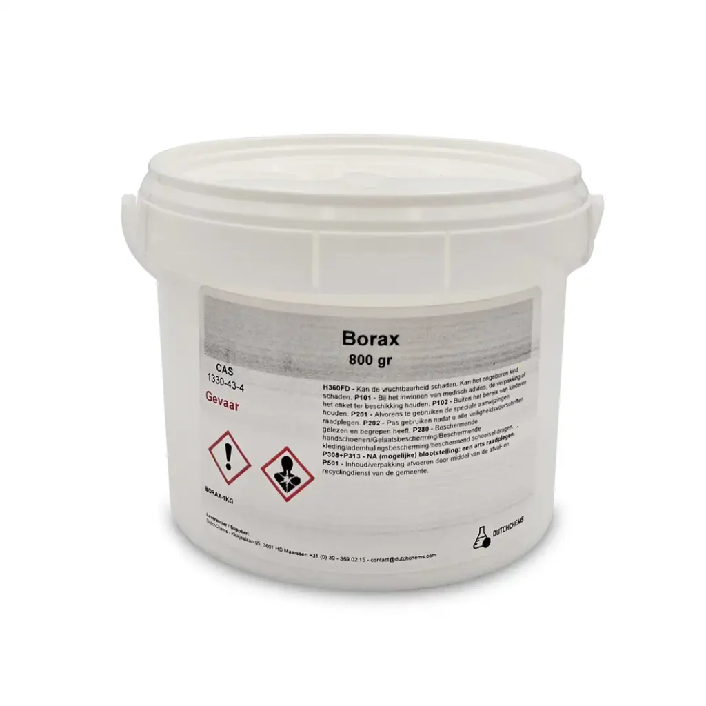 Bucket containing 800 grams of borax with warning labels and safety information.