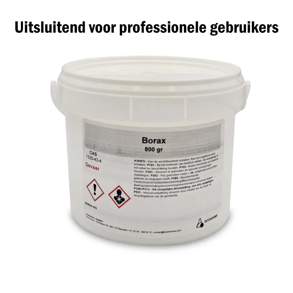 Bucket containing 800 grams of borax with warning labels and safety information.