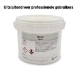 Bucket containing 800 grams of borax with warning labels and safety information.