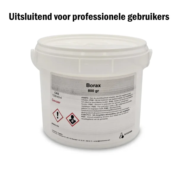 Bucket containing 800 grams of borax with warning labels and safety information.